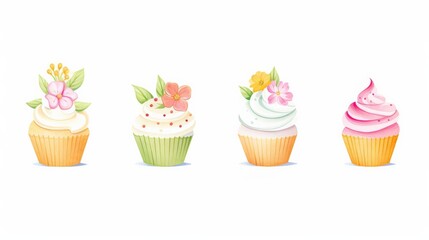 Wall Mural - Four cupcakes with flowers on top