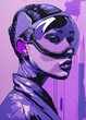 Futuristic grunge lavender purple pop art portrait of young woman. Contemporary painting. Modern poster for wall decoration