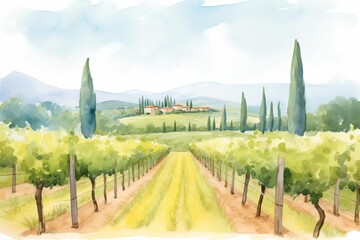 A painting of a vineyard with a house in the background