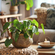 Woven Basket Planter with a Lush Philodendron Adding Green Vibes to a Cozy Space