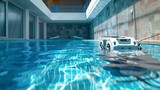 Fototapeta  - A robotic pool cleaner in action, maintaining a swimming pool by cleaning its bottom and walls, providing an essential service before the summer swimming season