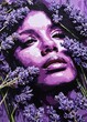Nature-inspired  lavender purples pop art portrait of young woman. Contemporary painting. Modern poster for wall decoration 