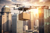 Fototapeta Londyn - Technologies of the future. A delivery drone carries a cardboard box for a person on a rope. A delivery drone flies between modern skyscrapers. The concept of developing the delivery of goods.