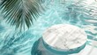 An aerial view of a marble podium stand in swimming pool water, shaded by a palm, creating a summer tropical backdrop ideal for showcasing luxury products