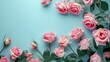 A stunning arrangement of beautiful pink roses set against a soft pastel blue background perfect for occasions like Valentine s Day Easter birthdays or Mother s Day This flat lay image prov