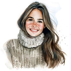 Wall Mural - Happy european Girl in Sweater: Watercolor Sketch on White Background

