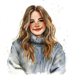 Wall Mural - Happy european Girl in Sweater: Watercolor Sketch on White Background

