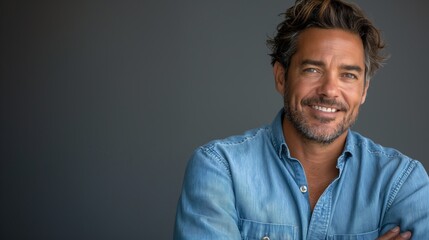 Wall Mural - Happy young smiling confident professional business man wearing blue shirt, pretty stylish male executive looking at camera, standing arms crossed at grey background concept.