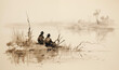 © spr0ut7 design - Sepia tone illustration of a father and son sitting on the bank of a marsh, hunting and trapping