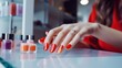 A female hand with a beautiful manicure with gel nail polish reaches for a nail polish Generative AI	
