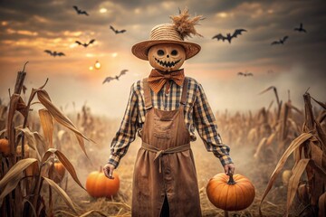 The concept of the Halloween holiday. Horror. Fear. A scary scarecrow with a pumpkin for a head, in a plaid shirt and a bow tie. Banner, postcard.