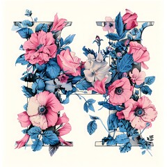 Wall Mural - Pretty Floral H Letter on White Background 
