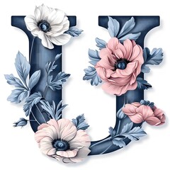Wall Mural - Pretty Floral u Letter on White Background 