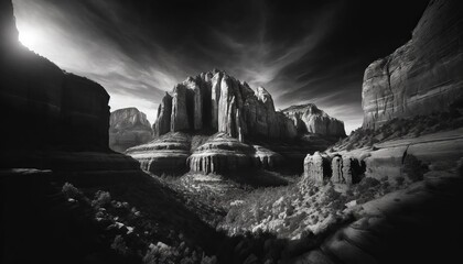 Majestic monochrome landscape of towering rock formations in a desert canyon, illuminated by a dramatic sunlight, invoking the timeless beauty of nature