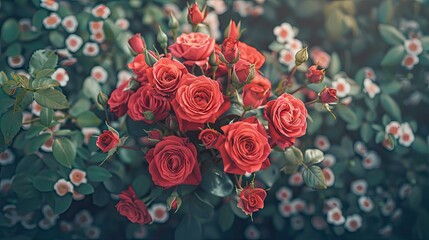 Canvas Print - A stunning aerial view of a vibrant bouquet of red roses set against a backdrop of spring blossoms perfect for celebrating special occasions like weddings International Women s Day Mother s