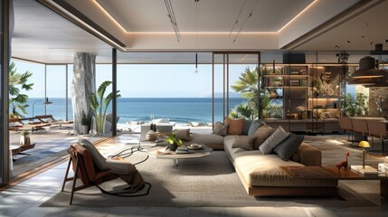 Architecture interior design home bedroom living room concept modern luxury furnishings. City living nature landscape house by the ocean