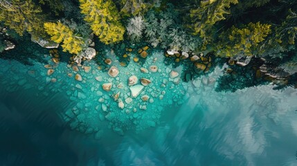Wall Mural - Nature Photography, From the sky looking down 10 feet from above the water, Shallow calm clear water over rocky lake bed