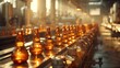 The production in beer factory. Brewery conveyor with glass beer drink alcohol bottles, modern production line. Blurred background. Modern production for bottling drinks. Selective focus.