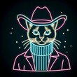 Neon cat wearing a cowboy hat