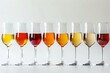 gradient of red to white wine in elegant glasses alcoholic beverage photo