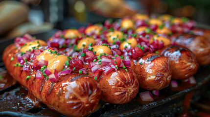 Wall Mural - Close-up of a juicy grilled currywurst