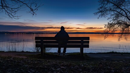 Lonely person sitting on a wooden bench alone at dusk looking at the sunset