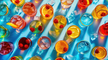 colorful summer drinks from above, refreshing cocktail pattern with ice and fruit slices