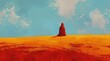 A hermit monk, a master, in a red cloak sits in meditation in the desert, against a light blue sky. Religion and Culture. Backgrounds, banners, design, postcards. With space for text