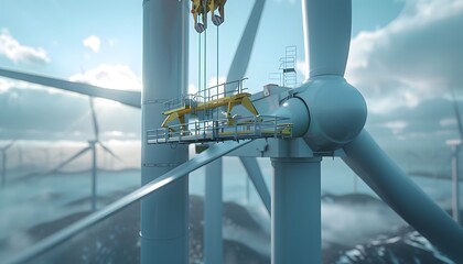 Wind turbine Installation, white blade against sky background, focus on machinery inside structure