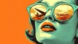 Striking close-up of a woman with airplane reflections in sunglasses, combining vibrant tones with a bold aesthetic