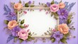 Vintage floral frame with pink, purple, peach color flowers and gradient lilac background, empty space for writing, frame with garden flowers and leaves 