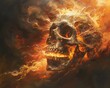 Craft a traditional oil painting showcasing a detailed worms-eye view skull with fiery hues and intense flames, evoking a sense of infernal power and torment