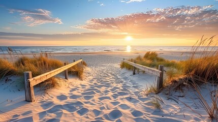 Wall Mural - Beautiful sand dune beach at sunset with wooden bridge