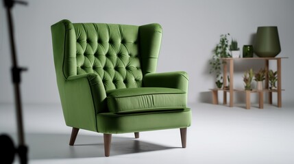 Wall Mural - Green leather armchair on a gray background. 3D Rendering