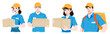 Set of couriers, men and women, wearing blue shirts and orange caps, holding cardboard boxes in their hands or a backpack on their back. Flat design illustration.