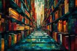 Digitally created surreal library scene, depicting an endless corridor flanked by towering bookshelves bathed in warm, colorful light.