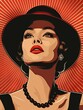 Retro-inspired digital artwork depicting a glamorous lady with a wide-brimmed hat, pearl necklace, and striking red lips.