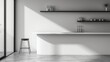 Minimalist kitchen design in monochrome with high contrast, featuring mockup jars on open shelving and a sleek bar stool