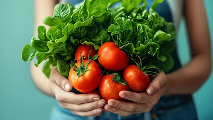 Wall Mural - Female hands hold fresh natural vegetables against light blue background, copy space, banner. vegetarian and healthy eating concept