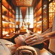 Relaxed woman receiving head massage. Hands of masseuse manually massaging the head of a client. Enjoying scalp treatment at spa. Facial massage in a beauty clinic. Generative AI