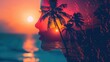 Tropical sunset against the background of a girl with palm trees and the sea. Art image. Double exposure