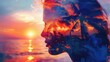Tropical sunset against the background of a girl with palm trees and the sea. Art image. Double exposure