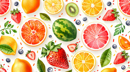 Seamless pattern background of Colorful Fresh Fruits bursting with colorful fresh fruits such oranges, lemons, strawberries, and watermelons