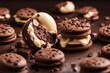 'tasty ice cream chocolate sandwich cookies background top view american biscuit brown cake closeup cold confectionery cookie crumbled delicious dessert eat favor food fresh glac? epicure homemade'