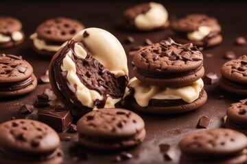 'tasty ice cream chocolate sandwich cookies background top view american biscuit brown cake closeup 