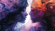 A close-up abstract artistic depiction of two faces about to kiss, set against a marbled backdrop of color waves.