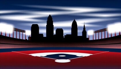 Striking digital image of a baseball stadium with a bold red and blue design against a Cleveland skyline with dynamic clouds, portraying the powerful atmosphere of competitive sports