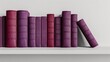 Arrange the pile of purple books on the shelf. Position the books in a natural, slightly uncluttered way. Place the shelf against a clean, white background to make the colors and details of the books 