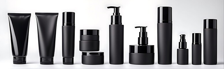  set of pile black blank cosmetic skincare container tube packaging dispenser bottle on white background cutout, Many different design Mockup template for artwork 