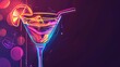 Bright neon cocktail glass, seamlessly integrated into a line art light banner, celebrating summer parties in vector illustration